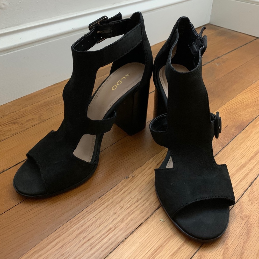 Black Suede Open Toed Block Heels With Buckles - image 1